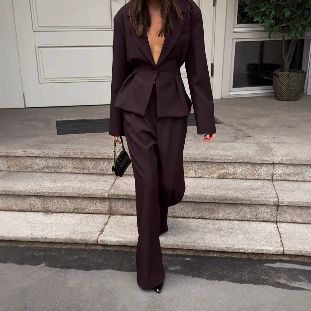 Zara Winter Retro Suit Brown Deep Collar Long Sleeve Fitted Jacket Pants 2-Piece - Picture 6 of 8